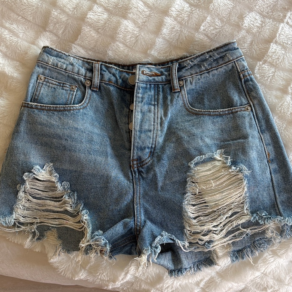 Trendy Blue Distressed Jean Shorts